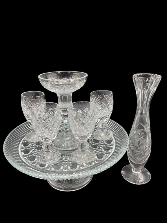 VINTAGE CLEAR COCKTAIL GLASS, TRAY AND VASE SET (1 of 4)