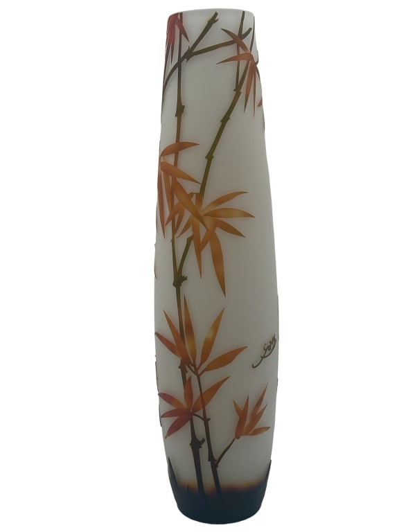 ELEGANT GALLE STYLE BAMBOO VASE 16": THIS ELEGANT VASE FEATURES A TRANSLUCENT DESIGN WITH DELICATELY PAINTED BAMBOO STALKS IN AUTUMNAL HUES. THE GRADIENT BASE ASCENDS INTO A SOFT WHITE, MIMICKING A MISTY SUNRISE. IT EMBODIES ASIAN AESTHE