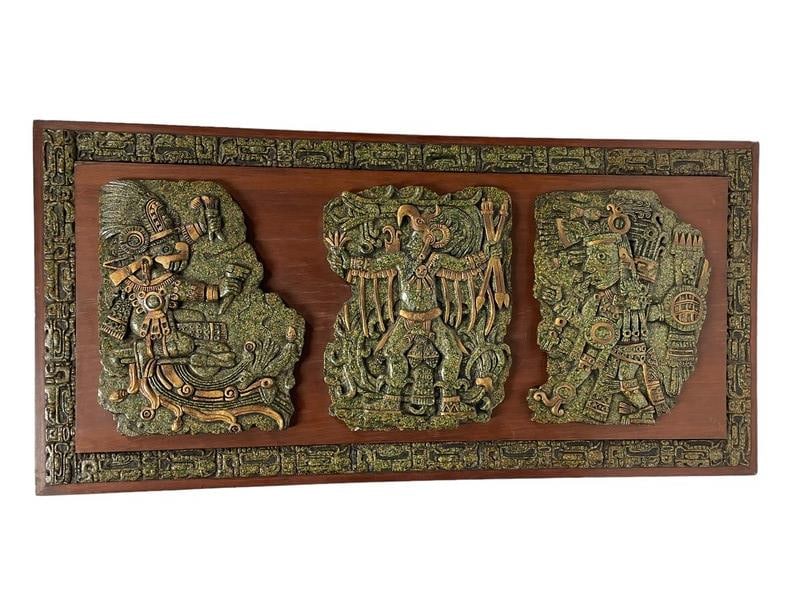 VINTAGE ZAREBSKI MAYAN AZTEC CARVED ART MORELO: VINTAGE ZAREBSKI MAYAN AZTEC CARVED ART MORELO MEXICO FOLK ART-33" X 16" APPROX-VERY GOOD PRE OWNED CONDITION-DP3524