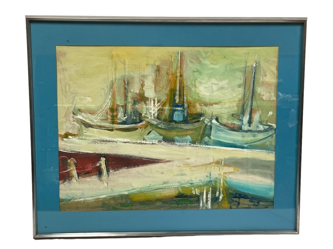 MID CENTURY LANDSCAPE BOAT DOCK OIL PAINTING 31" (1 of 4)