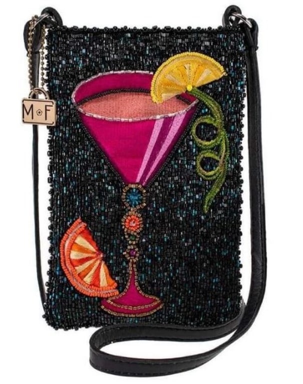 NEW MARY FRANCES TAKE A SIP CROSSBODY HANDBAG: NEW MARY FRANCES TAKE A SIP CROSSBODY HANDBAG-5 x 0.5 x 7.75"-Strap Length End to End: 49"-Strap Drop: 24"-Non-removable leather crossbody strap, top compartment, genuine leather back with slip pocket