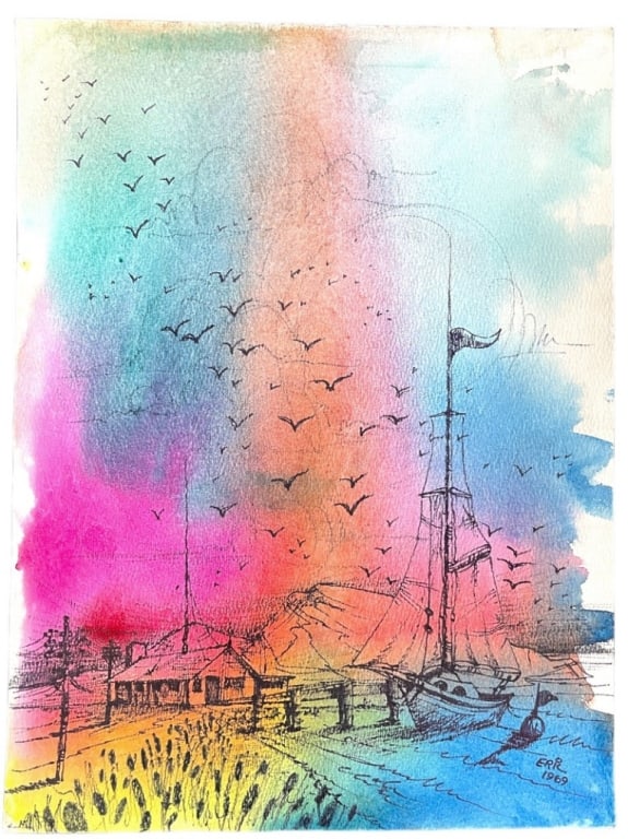 VINTAGE 1969 SAILBOAT LANDSCAPE INK DRAWING 12" (1 of 3)