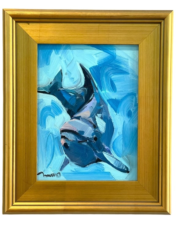 JOSE TRUJILLO THE DOLPHIN OIL PAINTING 17": JOSE TRUJILLO THE DOLPHIN OIL PAINTING-17" X 14" TO FRAME-VERY GOOD CONDITION , WITH COA-DP31124SI THIS ITEM IS LOCATED OFF-SITE. All items must be picked up by confirmed online appointment. Appointme