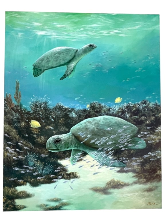 SEA TURTLE OIL PAINTING SIGNED SILK 60": SEA TURTLE OIL PAINTING SIGNED SILK-60" X 48" APPROX-VERY GOOD PRE OWNED CONDITION-DP31124 THIS ITEM IS LOCATED OFF-SITE. All items must be picked up by confirmed online appointment. Appointments for 
