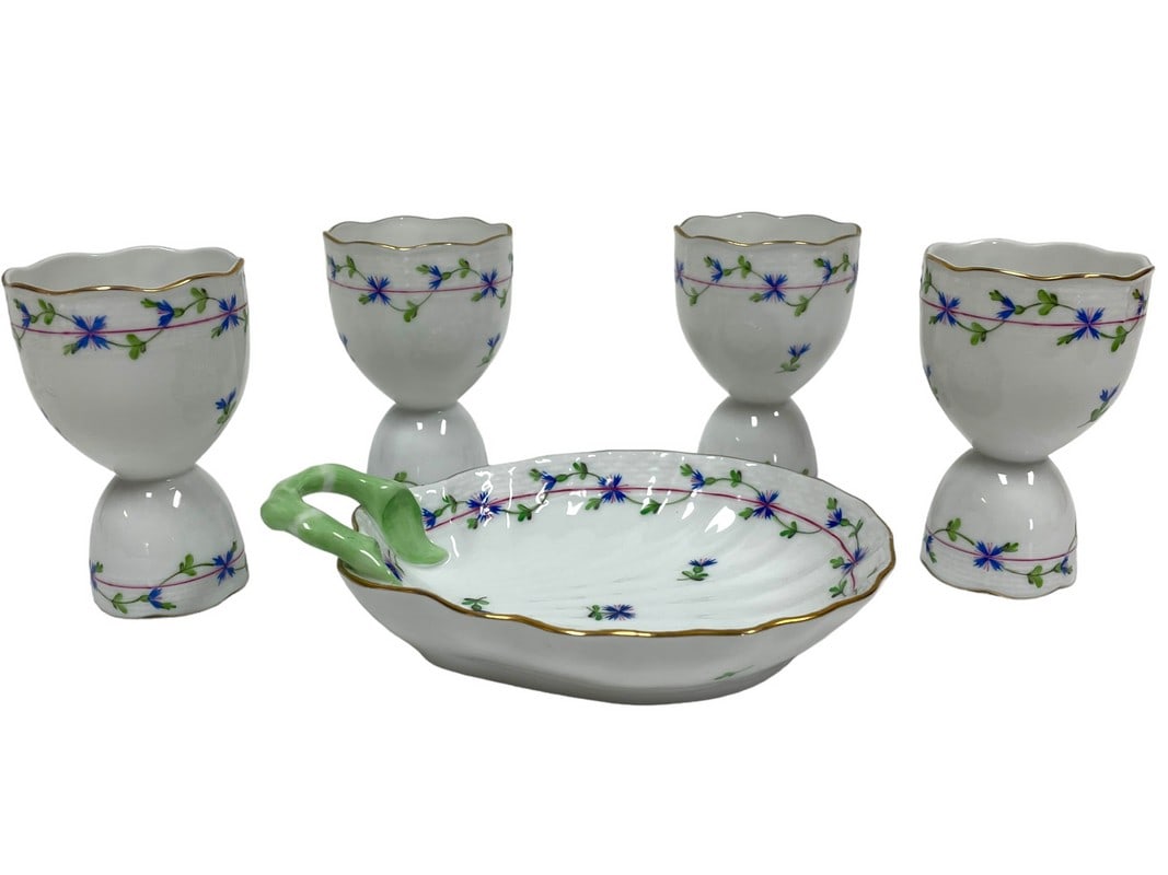 5 PIECE HEREND BLUE GARLAND DOUBLE EGG CUPS & DISH (1 of 9)