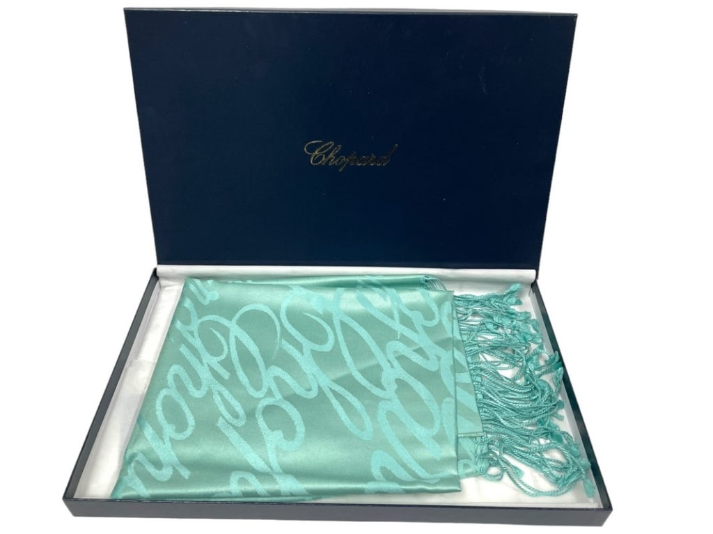 NEW! CHOPARD 100% SILK MINT GREEN SCARF: NEW! CHOPARD 100% SILK JACQUARD WEAVE MINT GREEN LOGO SCARF WITH TASSLED EDGE-24" X 82" APPROX-NEW IN BOX!-DP32224