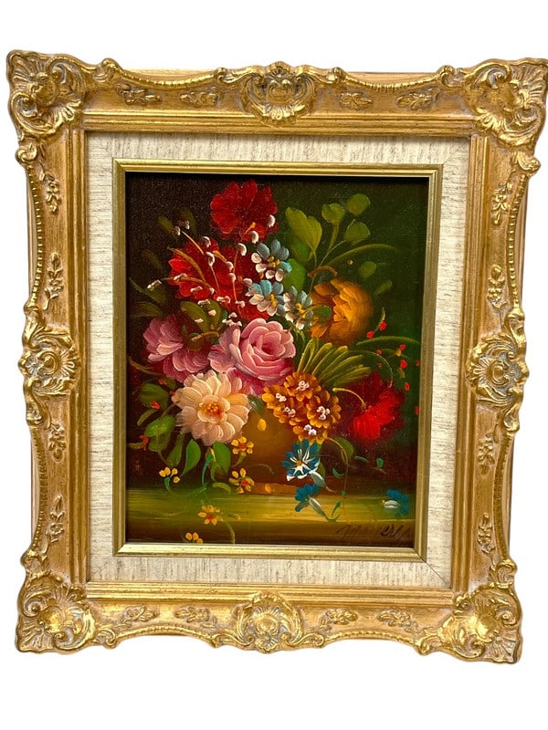 RENAISSANCE STYLE FLORAL STILL LIFE 15": RENAISSANCE STYLE FLORAL STILL LIFE IN DETAILED GILT FRAME-15" X 12" APPROX-SIGNED ILLEGIBLE-VERY GOOD PRE OWNED CONDITION-DP32224