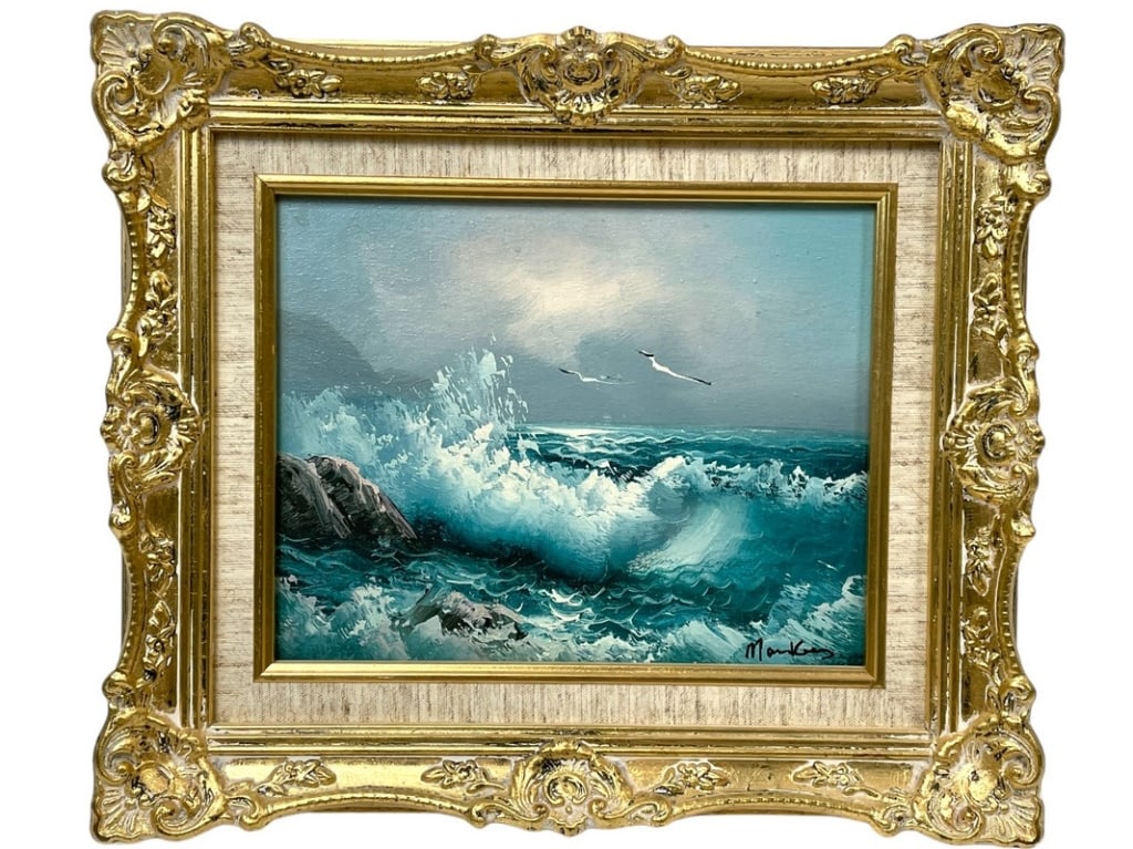 CRASHING WAVES COASTAL LANDSCAPE OIL PAINTING 13" (1 of 4)