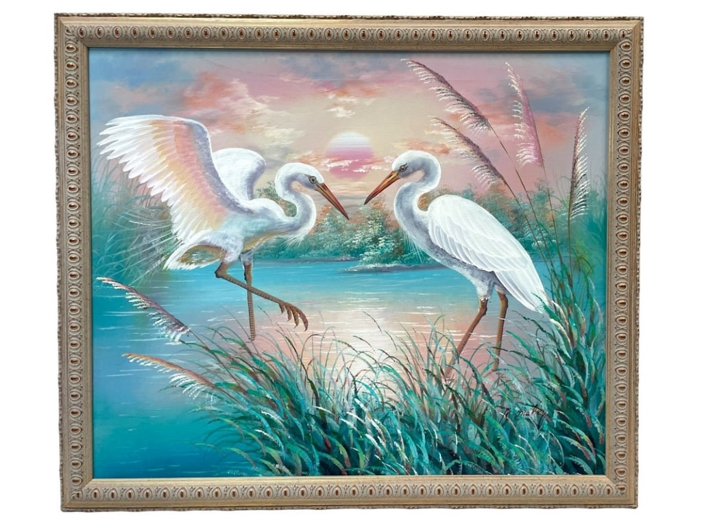 A. MALLEY EGRET COASTAL BIRD  OIL PAINTING 27" (1 of 5)