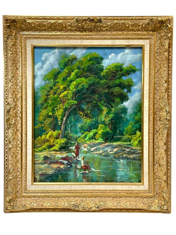 EDUARDO REY RIVER LANDSCAPE OIL PAINTING 28": ORIGINAL EDUARDO REY RIVER LANDSCAPE OIL PAINTING-28" X 24" APPROX-VERY GOOD PRE OWNED CONDITION-DP32224