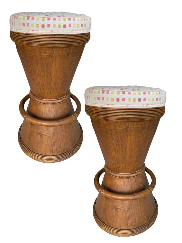 VINTAGE 1970'S BAMBOO RATTAN BAR STOOLS 33.5" PAIR (1 of 6)