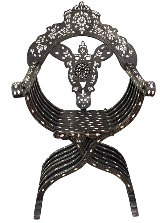 SYRIAN MOTHER OF PEARL SAVONAROLA CHAIR: ANTIQUE SYRIAN FOLDING CHAIR WITH MOTHER OF PEARL INLAY-SAVANROLLA CHAIR-42" X 24" X 16" APPROX-GOOD PRE OWNED CONDITION ,MINOR WEAR WITH AGE-DP32124