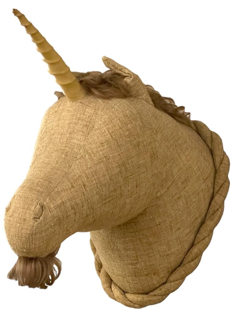 LEATHER AND FABRIC UNICORN HANGING WALL MOUNT: LEATHER AND FABRIC UNICORN HANGING WALL MOUNT -22" x 28"-GOOD PRE OWNED CONDITION ,MINOR WEAR-DP32124