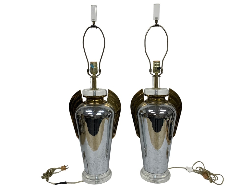 BRASS, STEEL, AND LUCITE TABLE LAMP PAIR 32" (1 of 2)