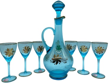 VTG ROMANIA AQUA BLUE DECANTER & 6 CORDIAL GLASSES