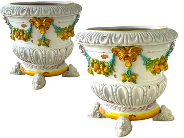 LARGE ITALIAN PAINTED TERRACOTTA  URN PLANTERS 27"