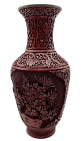 CHINESE CINNABAR LACQUER HAND CARVED VASE 12.75"