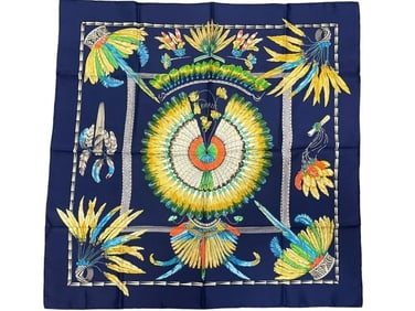 HERMES NAVY / YELLOW / GREEN SILK SCARF 35"