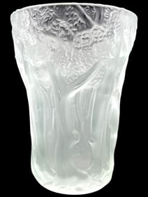 LALIQUE STYLE ART GLASS FOREST VASE 10"