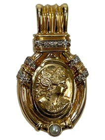 14K GOLD , PEARL AND DIAMOND SLIDE PENDANT 16.8 G