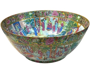 ANTIQUE CHINESE EXPORT MANDARIN PORCELAIN BOWL 23"