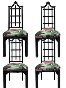 4 MID MOD BLACK LACQUER CHINOISERIE STYLE CHAIRS