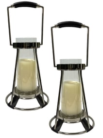 RALPH LAUREN CHROME & LEATHER CANDLE LANTERNS 14"