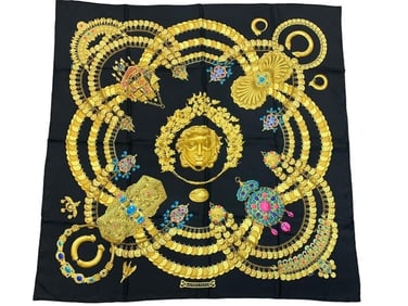 HERMES BLACK/GOLD/BLUE 100% TWILL SILK SCARF