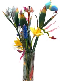 LOT OF CARVED WOOD FLOWERS & ANIMAL STEMS 49"