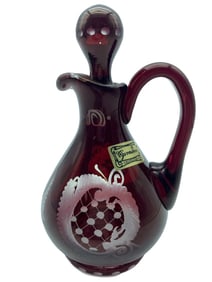VTG HANDMADE BOHEMIAN ETCHED RUBY GLASS CRUET