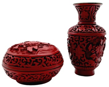 CHINESE CINNABAR LACQUER HAND CARVED VASE & BOX