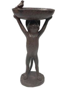 DECORATIVE CAT HOLDING BIRDBATH STATUE 17"