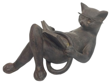 DECORATIVE CAT RELAXING WITH A BOOK STATUE 12"