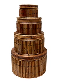 4 BAMBOO RATTAN ROUND NESTING STORAGE BOXES 15"