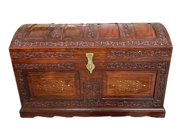 ANGLO INDIAN CARVED WOOD CHEST W BRASS INLAY 36"