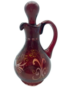 VTG HANDMADE BOHEMIAN ETCHED RUBY GLASS CRUET 6"H