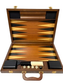 VINTAGE BACKGAMMON BOARD SET IN BURLWOOD CASE 28"