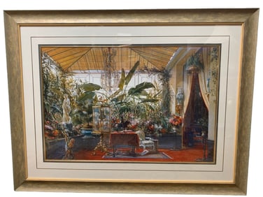 LARGE GLASS FRAMED "GARDEN ROOM" PRINT 50"