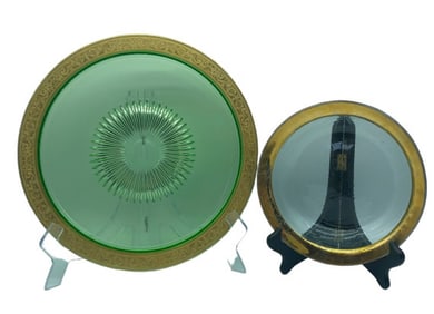 TIFFIN FRANCISCAN STYLE URANIUM GLASE SET OF 2 13"