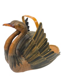 VINTAGE WOVEN RATTAN DOUBLE SWAN BASKET 13"