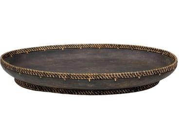 TURNED WALNUT OVAL BOWL W WOVEN WICKER RIM 40.5"