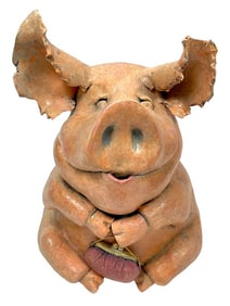 STUDIO POTTERY PIG HOLDING PURSE SCULPTURE 14"