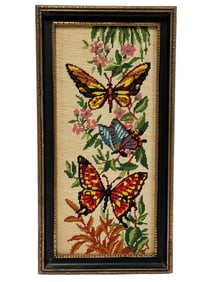 VINTAGE NEEDLECRAFT FLORAL BUTTERFLY ART 21"