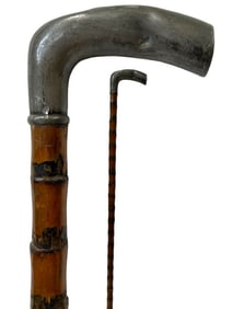 VINTAGE BAMBOO CANE W PEWTER HANDLE 36"