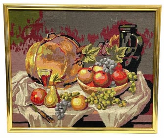 VINTAGE NEEDLECRAFT WINE FRUIT STILL LIFE 26.5"