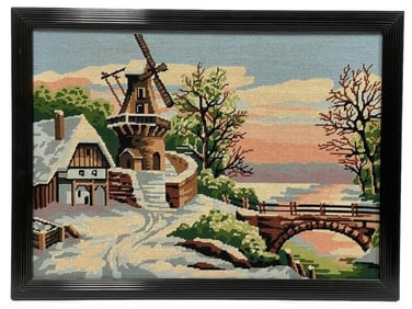 VINTAGE NEEDLECRAFT WINDMILL LANDSCAPE ART 26.5"