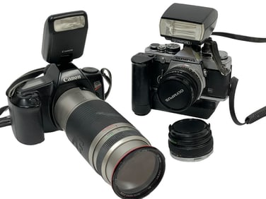 OLYMPUS AND CANON CAMERAS AND LENSES