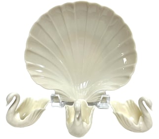 LENOX SPECIAL SHELL PLATE & 3 SWAN SALT CELLARS