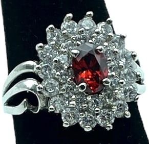 ALMANDINE GARNET STERLING CZ WOMAN'S RING SZ 7.5