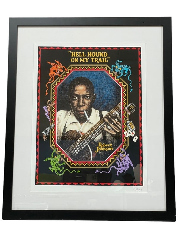 R. CRUMB ROBERT JOHNSON LITHOGRAPH PRINT 22.5": R. CRUMB ROBERT JOHNSON LITHOGRAPH PRINT-22.5" X 18" APPROX-PENCIL NUMBERED-VERY GOOD PRE OWNED CONDITION-DP4924 Bidders may pick up their items from the auction-house or have their items shipped.Appo